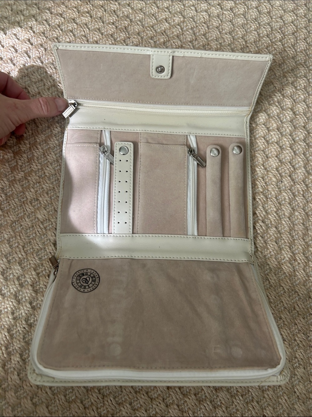 Cream Travel Jewelry Organizer Wallet with Multiple Compartments